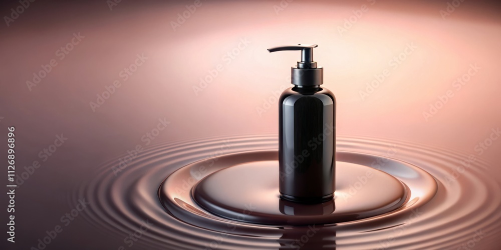 Poster a black pump bottle resting on a circular ripple of liquid, creating a captivating visual of eleganc