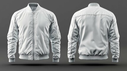 This image showcases a stylish gray bomber jacket, highlighting its front and back views on a neutral background. Perfect for branding or presentation.