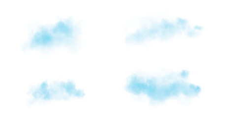 Obraz premium Set of realistic blue clouds. Fog and smoke isolated on transparent background. Cloud, nature sky. Weather element or drawing. Cloud texture, smoke wave, fog nature. Fluffy smoke. PNG.
