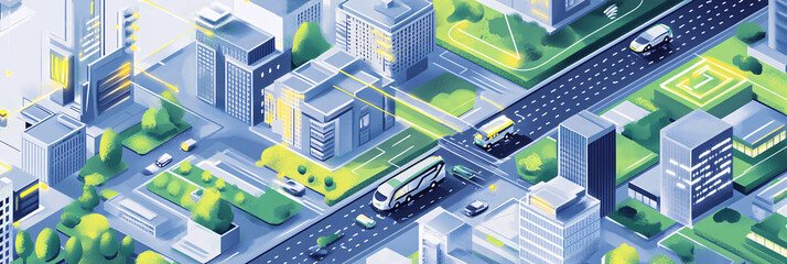 Illustration of a smart city concept, with autonomous cars, green buildings, and data lines connecting different parts of the urban landscape. 