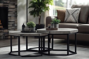 Obraz premium Two-piece coffee table set with round and hexagonal light grey stone tabletops, black metal frame accents, adding contemporary style and rustic charm to modern living room decor.