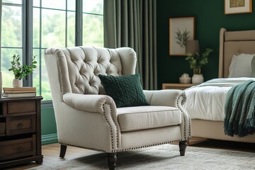 Elegant wingback chair with button-tufted back and light grey fabric, featuring brown armrests, beside a bed in a cozy room with green walls and natural lighting.
