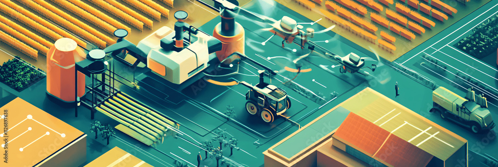Poster illustration of a smart farm using automated technology, with drones, robots harvesting crops, and f