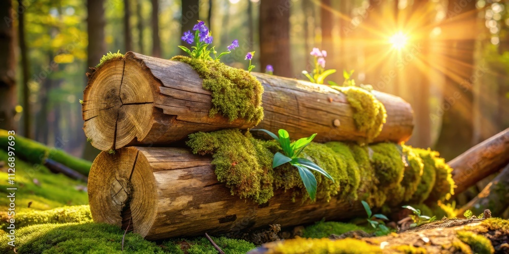 Poster sunlight filtering through a forest canopy illuminates moss-covered tree trunks, with vibrant purple