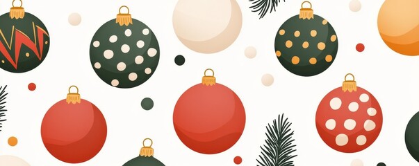 A festive pattern featuring colorful Christmas ornaments in various designs, surrounded by decorative elements like greenery and small dots.