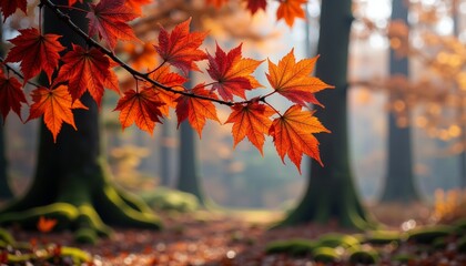 Close-Up of Fiery Red and Orange Autumn Leaves in Forest