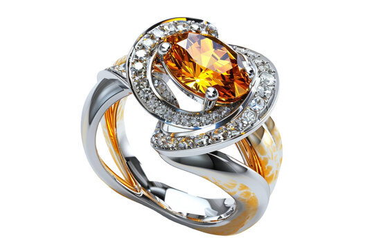 Brilliant topaz set in a white gold modern ring isolated on transparent background