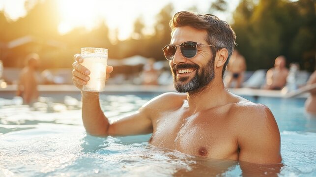 A man in a pool holding a glass of beer. He is smiling and enjoying himself. The scene is relaxed and fun, with people swimming and enjoying the water