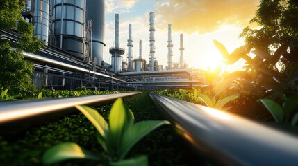 Futuristic oil refinery operations at sunset industrial landscape conceptual image sustainable environment panoramic view innovation