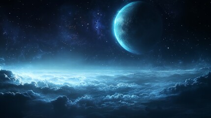 A serene cosmic landscape featuring a distant planet above a cloud-covered horizon.