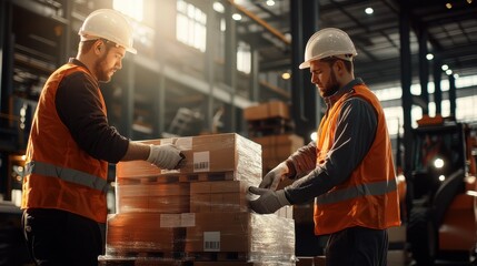 Warehouse workers in safety uniforms organizing packages industrial facility action scene indoor environment close-up view teamwork concept