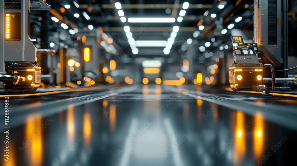 Poster futuristic automated factory floor showcasing glowing systems industrial space high-tech environment