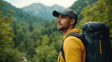 Young Man Enjoying Nature on a Hiking Trip in the Mountains with a Backpack and a Cap
