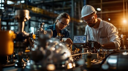 Engineers analyzing refinery systems with digital technology industrial facility technical overview machinery environment close-up insight
