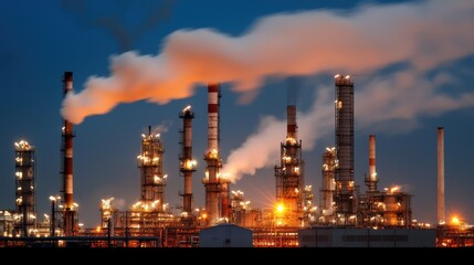 Obraz premium Illuminated oil refinery at night industrial location high-resolution urban environment wide angle energy production concept