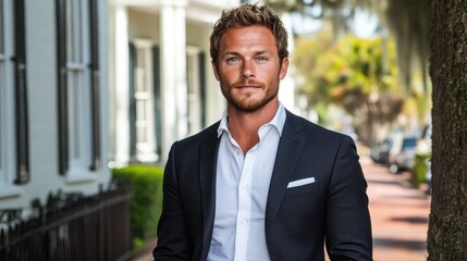 Naklejka premium A man in a suit and tie stands in front of a building. He is smiling and looking directly at the camera
