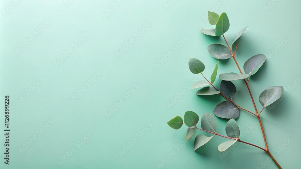 Poster eucalyptus sprigs arranged on a light green background, leaving space for text or design elements.