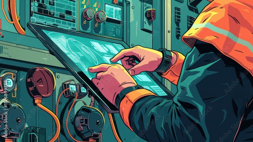 Poster industrial technician using a digital tablet to navigate complex controls and diagrams while managin