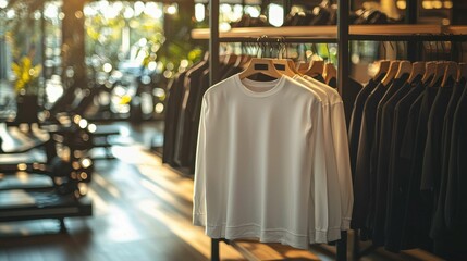 A well-lit retail space showcasing a white long-sleeve shirt on a wooden rack, surrounded by various dark-colored garments. The atmosphere is inviting and warm.