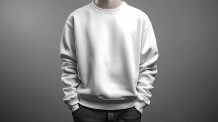 A person of European descent wearing a plain white sweatshirt against a gray background. The image highlights the clothing design and mockup style.