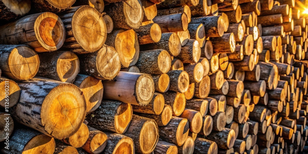 Poster A stack of neatly arranged logs, revealing the warm and intricate grain patterns of the wood, bathed in the golden glow of the setting sun.