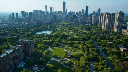 Obraz premium Aerial view of a lush green park contrasting with a modern city skyline.