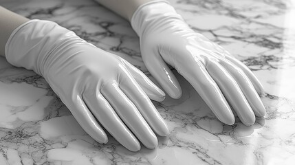 A pair of white latex gloves rests on a marble countertop, highlighting their glossy texture and modern aesthetic suitable for various applications.