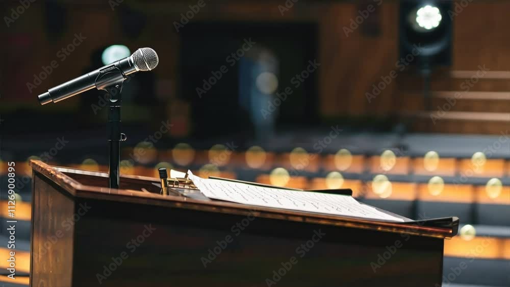 Poster microphone on podium with sheet music in empty auditorium, creating anticipation for performance fil