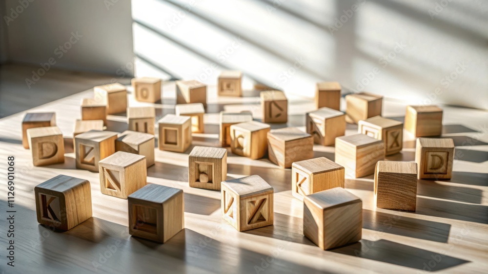 Poster wooden alphabet blocks scattered on a table bathed in sunlight, casting long shadows across the surf