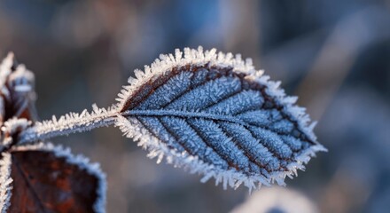 Frost-covered leaf in winter morning light