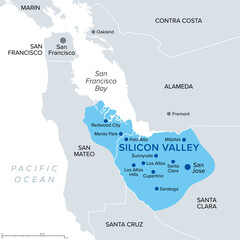 Silicon Valley, a region of Northern California in the United States, political map. Global center for high technology and innovation, located in the southern part of the San Francisco Bay Area.