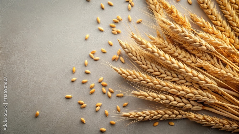 Poster A close-up of a group of golden wheat stalks with scattered grains on a gray surface. The stalks are arranged in a fan-shaped pattern with the grain heads facing towards the bottom of the frame.