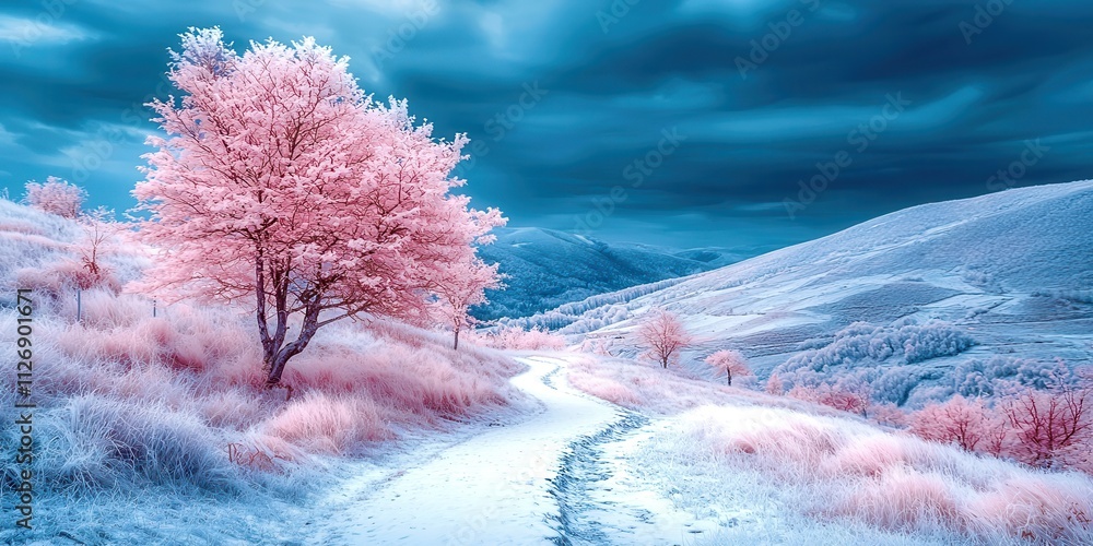 Poster Road runs through a snowy field with a tree in the foreground