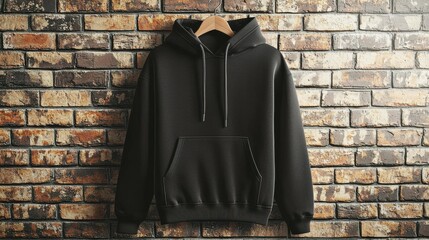 A black hoodie is showcased hanging on a wooden hanger against a rustic brick wall, highlighting its simple yet stylish design.