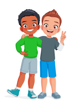 Two young boys hugging each other. Happy best friends. Friendship concept cartoon vector illustration.