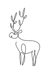 Deer in continuous line art drawing style. Cartoon reindeer black linear design isolated on white background. Vector illustration