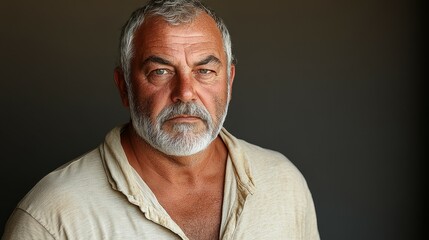 Obraz premium A man with a beard and white shirt is looking at the camera. He is in a serious mood