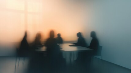 Silhouette of business people sitting around a table, having a meeting in a blurred office with warm sunset light