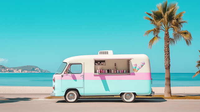 Retro-style ice cream truck near beach with palm trees and blue sky