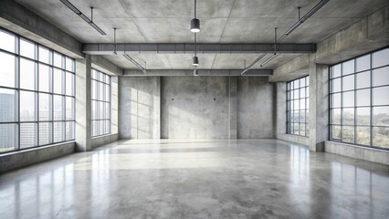 Obraz premium A large, empty, and airy room with industrial-style ceiling beams and windows overlooking a city skyline. The concrete floors are smooth and polished, with the reflection of the cityscape visible.