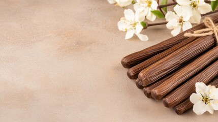 Fototapeta premium Natural Vanilla Sticks with Fresh Blossoms on a Neutral Background