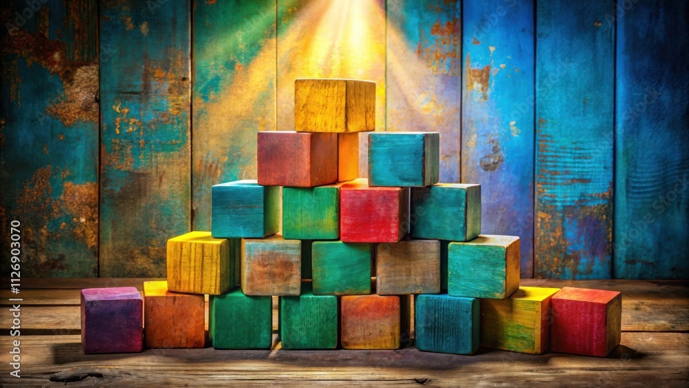Poster A pyramid of colorful wooden blocks arranged on a rustic wood surface with a soft light shining down from above