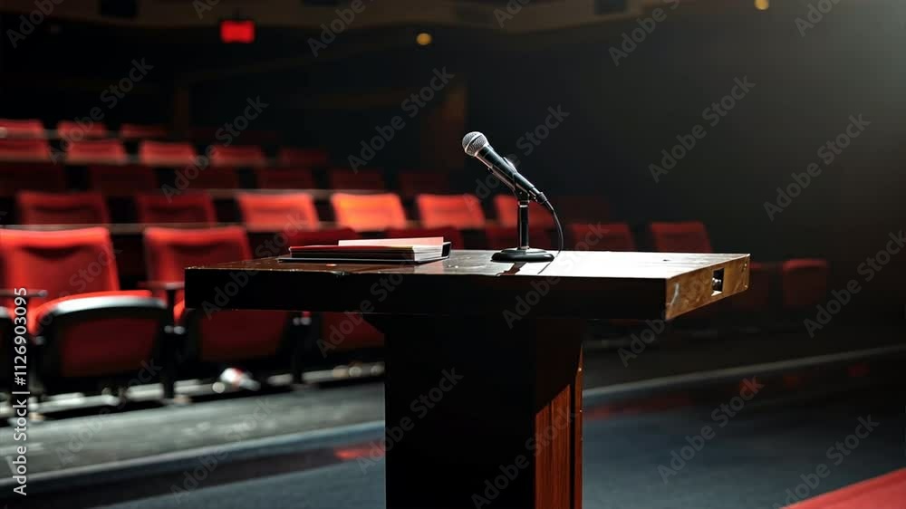 Poster podium with microphone ready for speech in theater surrounded by empty red seats, creating anticipat