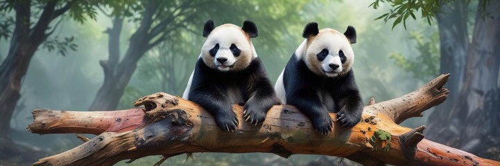 Fototapeta premium Colorful watercolor artwork of a panda sitting on a fallen tree, artwork, sitting, panda, animal, wildlife