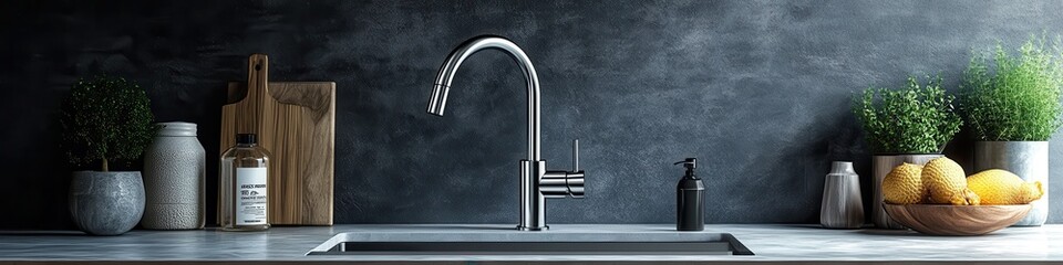 Minimalist Modern Kitchen Sink Area with Bread and Condiments