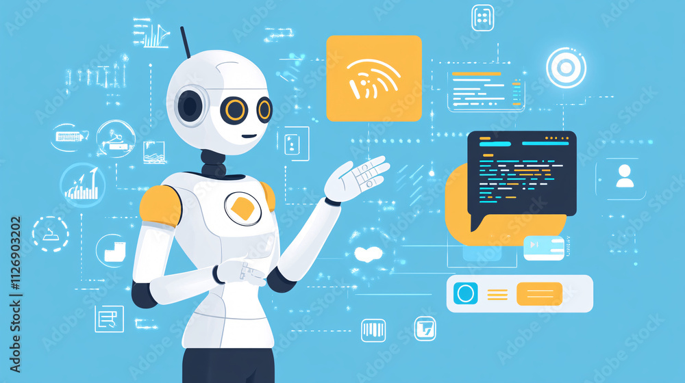 Poster illustration of a virtual assistant interacting with a customer, with a chatbot interface and icons 
