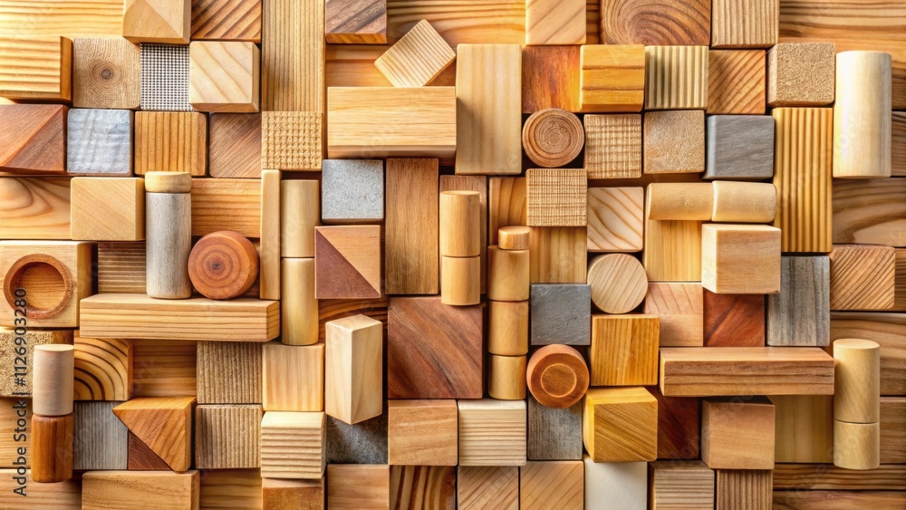 Aufkleber a close-up view of an array of natural wooden blocks, presenting a variety of geometric shapes and w