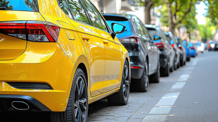 bright yellow taxi parked among black cars on city street