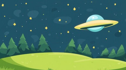 Naklejka premium Cartoon Landscape with UFO and Twinkling Stars in a Night Sky Setting