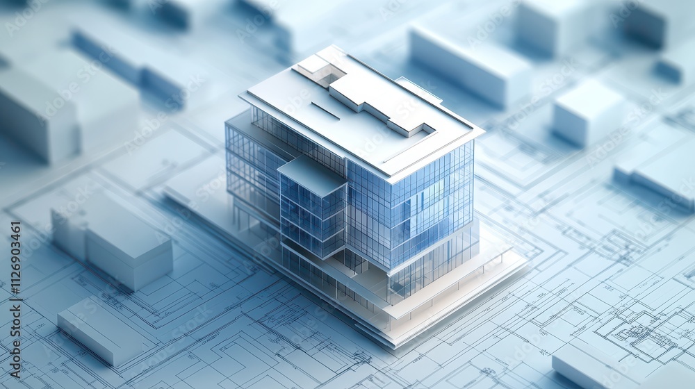 Poster modern architectural design model of a glass building on blueprints representing urban development a